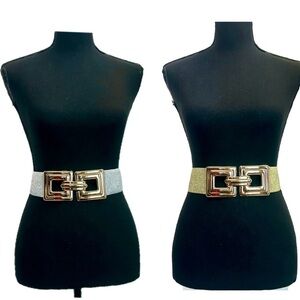 Two gold silver metallic glitter stretchy buckle belts thick band Sz S